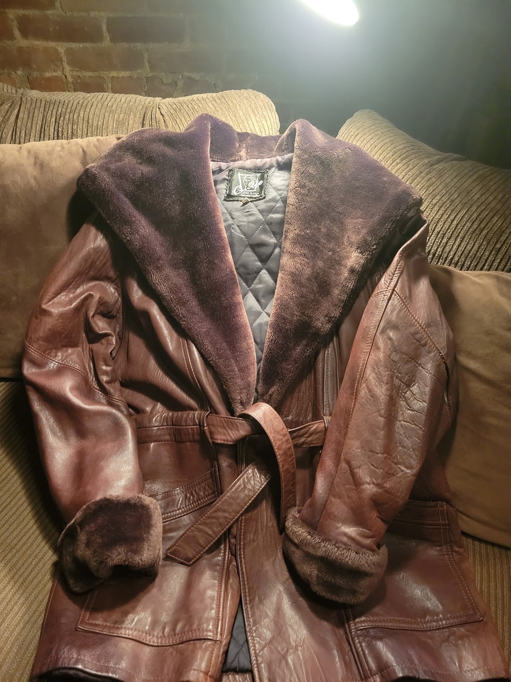 Women's Brown Leather Shearling Belted Jacket